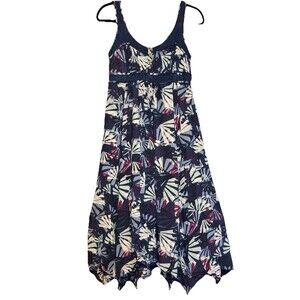 Mantaray Boho Palm Print Tropical  Midi Dress Hanky Hem Navy Pink Size UK12/US8